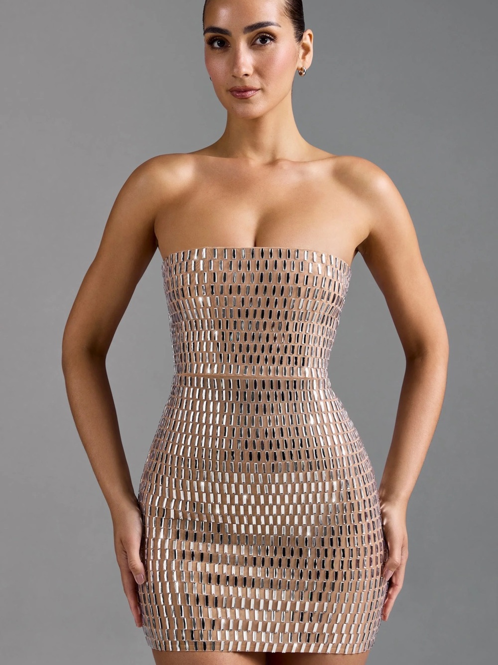 Oh Polly Nude Metallic Strapless Mosaic Mini Dress